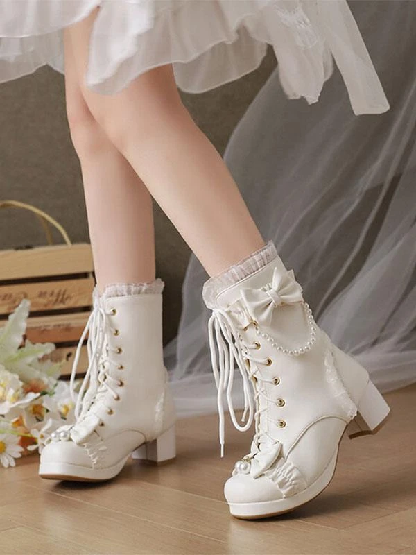 Sweet Lolita Boots PU Leather Ruffles Pearls Round Toe Black Lolita Footwear - Image 5