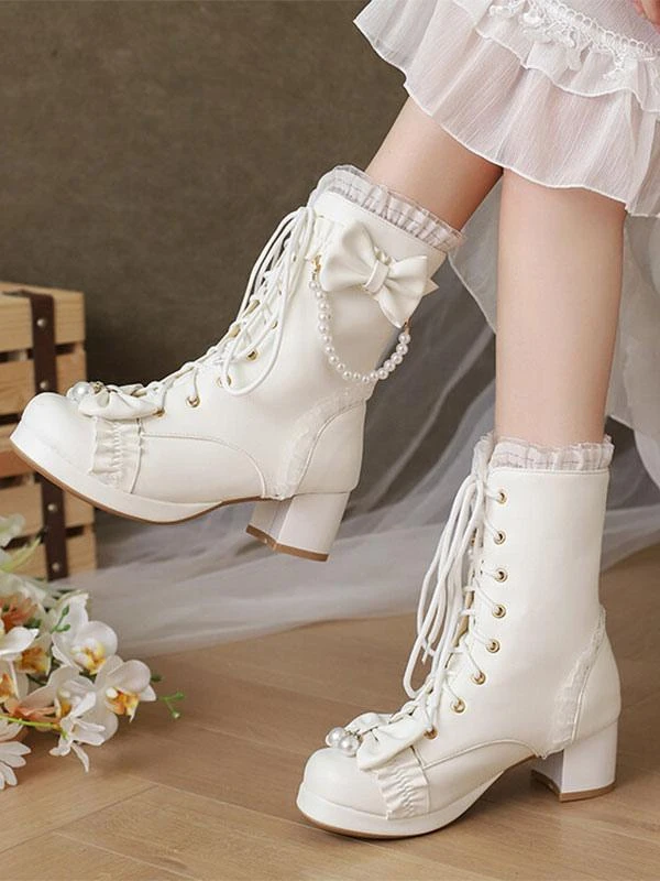 Sweet Lolita Boots PU Leather Ruffles Pearls Round Toe Black Lolita Footwear - Image 4