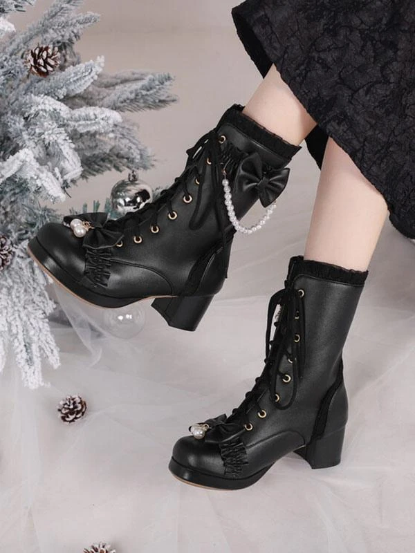Sweet Lolita Boots PU Leather Ruffles Pearls Round Toe Black Lolita Footwear - Image 8