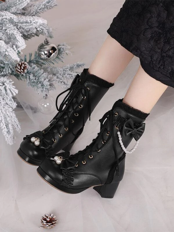 Sweet Lolita Boots PU Leather Ruffles Pearls Round Toe Black Lolita Footwear - Image 9