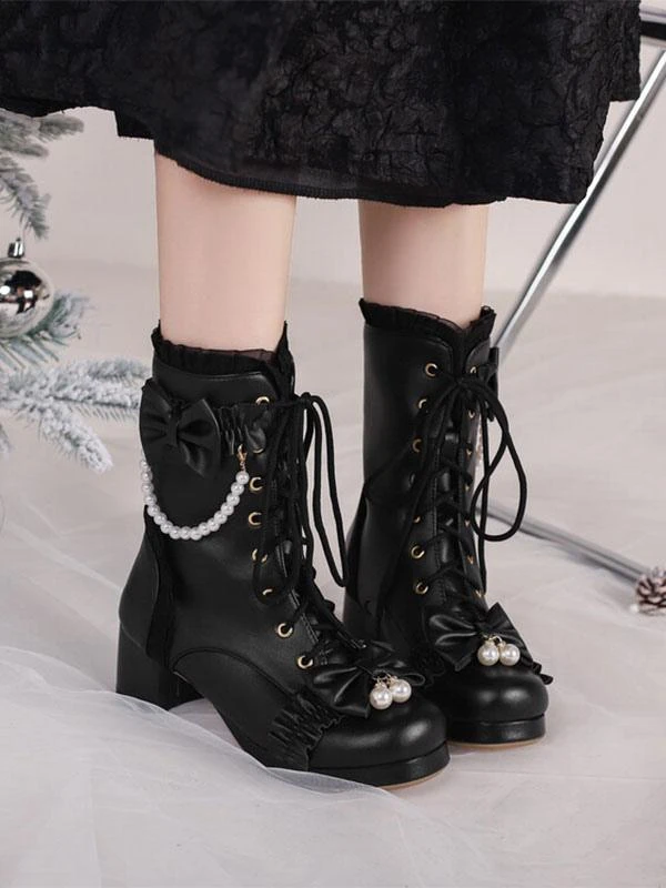 Sweet Lolita Boots PU Leather Ruffles Pearls Round Toe Black Lolita Footwear - Image 10