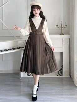 Academic Lolita Outfits Coffee Brown Long Sleeves Skirt Blouse