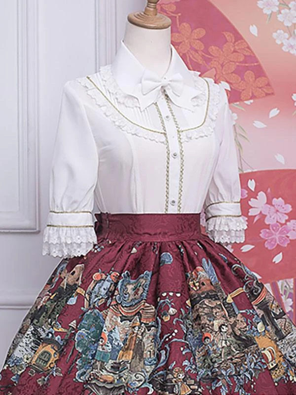 ROCOCO Style Lolita Blouses Ruffles Lace Lolita Top Half Sleeves Blouse White Lolita Shirt