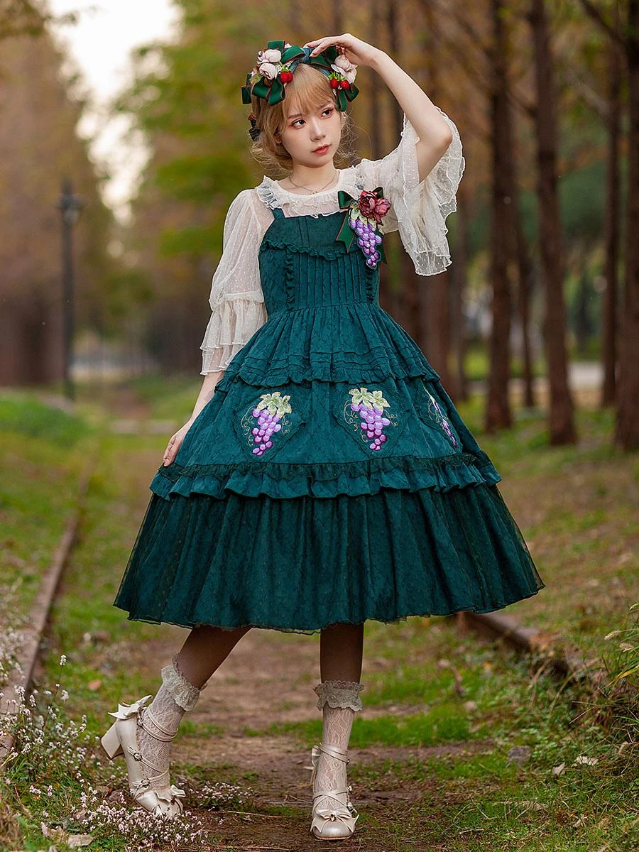 Classical Lolita Dress Cotton Lace Sleeveless Lolita Dresses Floral Print Grape - Image 8