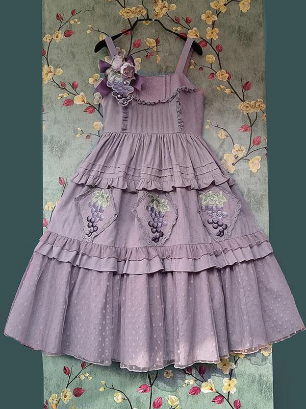 Classical Lolita Dress Cotton Lace Sleeveless Lolita Dresses Floral Print Grape - Image 5