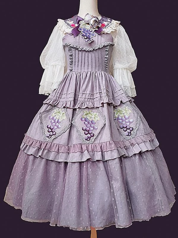 Classical Lolita Dress Cotton Lace Sleeveless Lolita Dresses Floral Print Grape - Image 4
