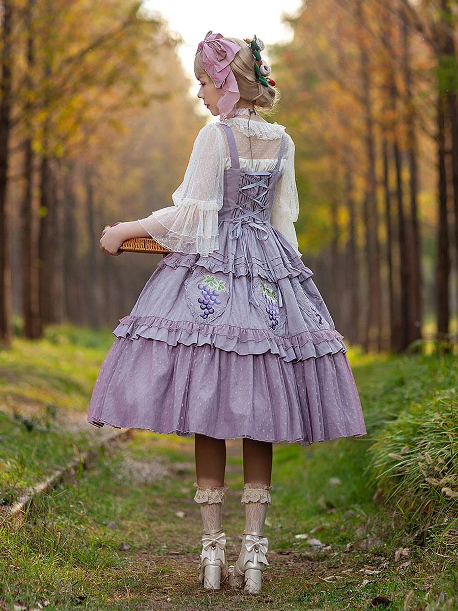 Classical Lolita Dress Cotton Lace Sleeveless Lolita Dresses Floral Print Grape - Image 3