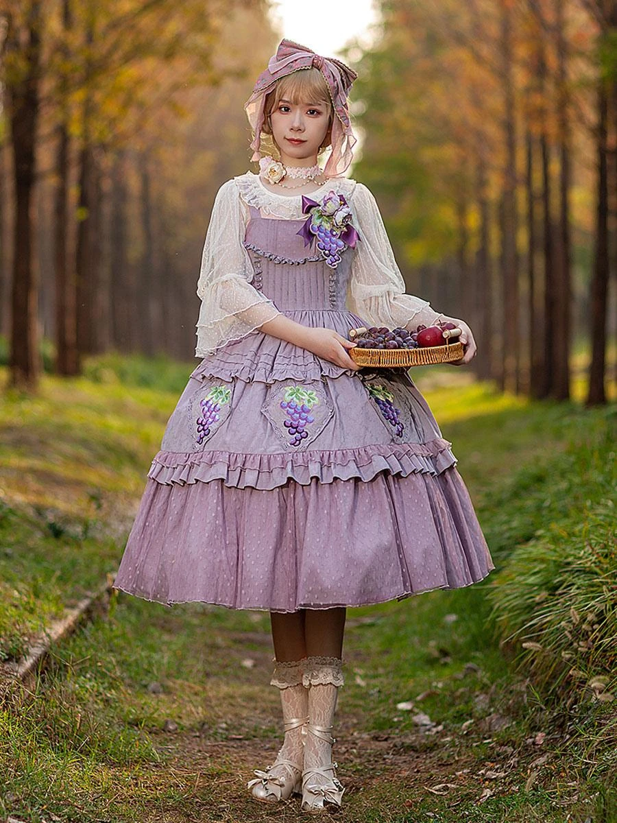 Classical Lolita Dress Cotton Lace Sleeveless Lolita Dresses Floral Print Grape - Image 2
