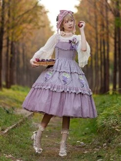 Classical Lolita Dress Cotton Lace Sleeveless Lolita Dresses Floral Print Grape