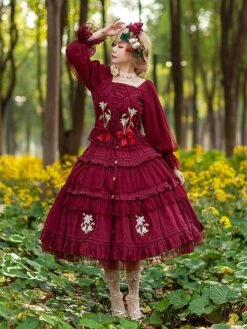 Classical Lolita Dress Cotton Embroidered Sleeveless Lolita Dresses Burgundy