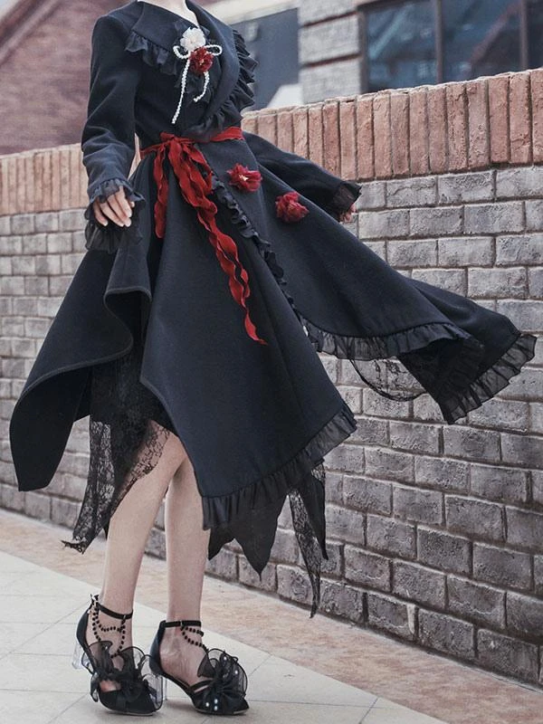 Gothic Lolita Coats Black Ruffles Polyester Overcoat Coat Fall Lolita Outwears - Image 6