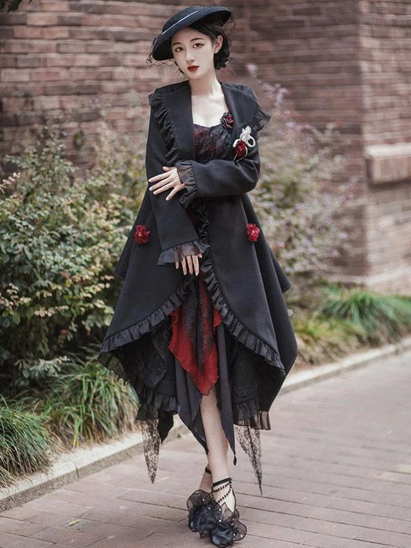 Gothic Lolita Coats Black Ruffles Polyester Overcoat Coat Fall Lolita Outwears - Image 8