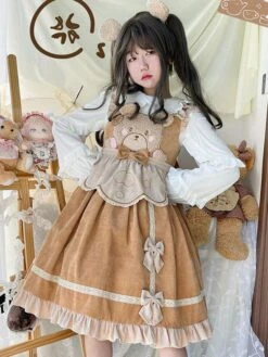 Sweet Lolita Dress Corduroy Sleeveless Ruffles Jumper Skirt Dress