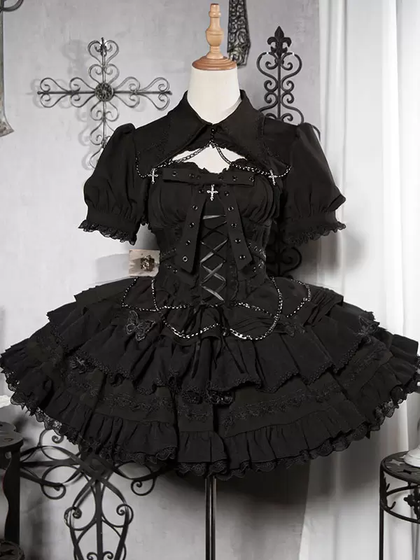 Gothic Lolita Dresses Chains Ruffles Cross Black Short Sleeves Lolita Dresses - Image 7