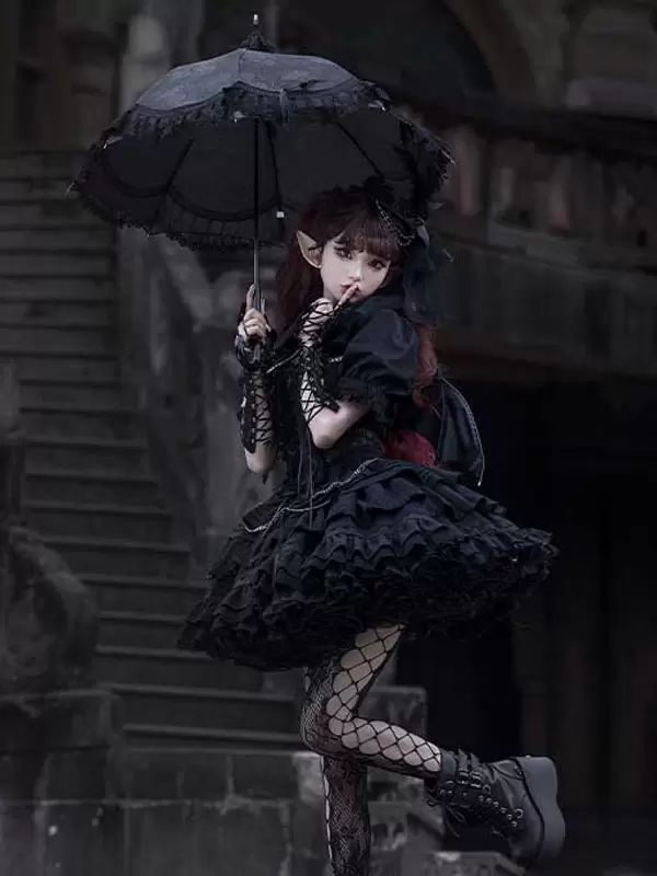 Gothic Lolita Dresses Chains Ruffles Cross Black Short Sleeves Lolita Dresses - Image 6