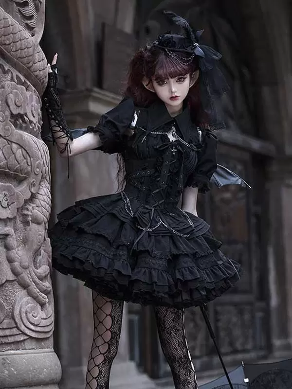 Gothic Lolita Dresses Chains Ruffles Cross Black Short Sleeves Lolita Dresses - Image 5