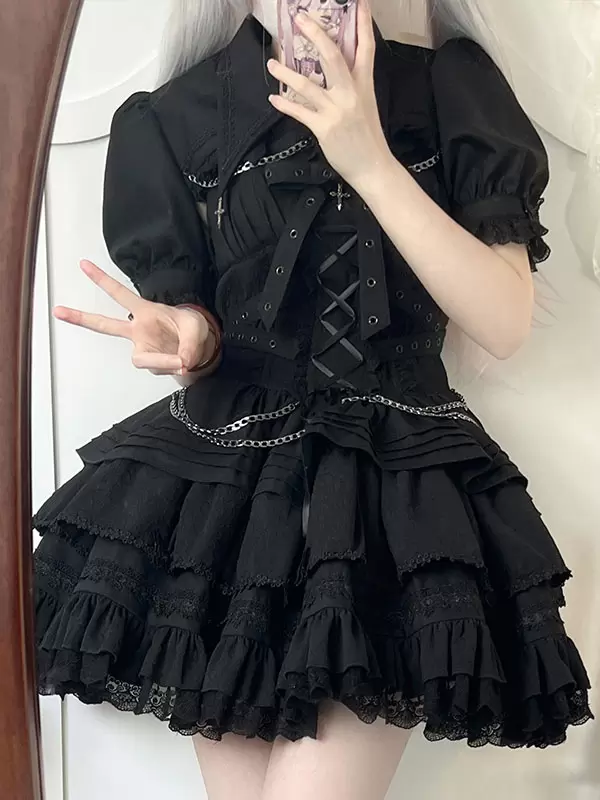 Gothic Lolita Dresses Chains Ruffles Cross Black Short Sleeves Lolita Dresses - Image 3