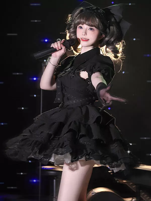 Gothic Lolita Dresses Chains Ruffles Cross Black Short Sleeves Lolita Dresses
