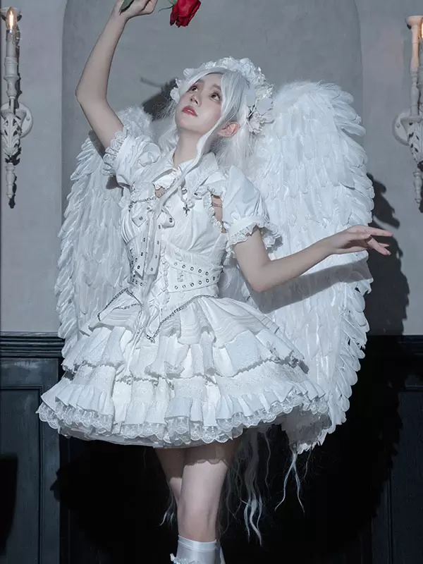 Gothic Lolita Dresses Chains Ruffles Cross Black Short Sleeves Lolita Dresses - Image 8