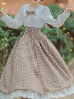 Academic Lolita Outfits Khaki Lace Ruffles Bows Plaid Long Sleeves Skirt Blouse