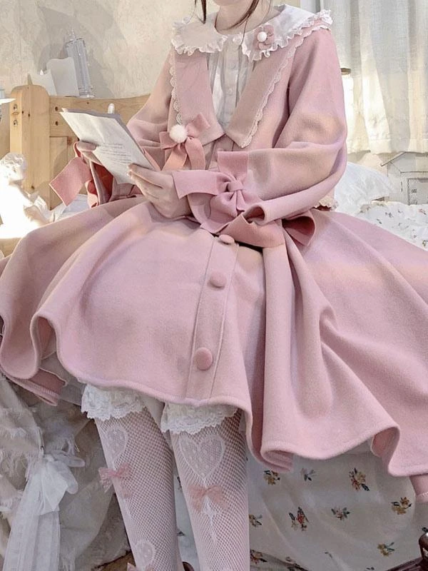 Academic Lolita Outfits Pink Ruffles Long Sleeves Skirt Top