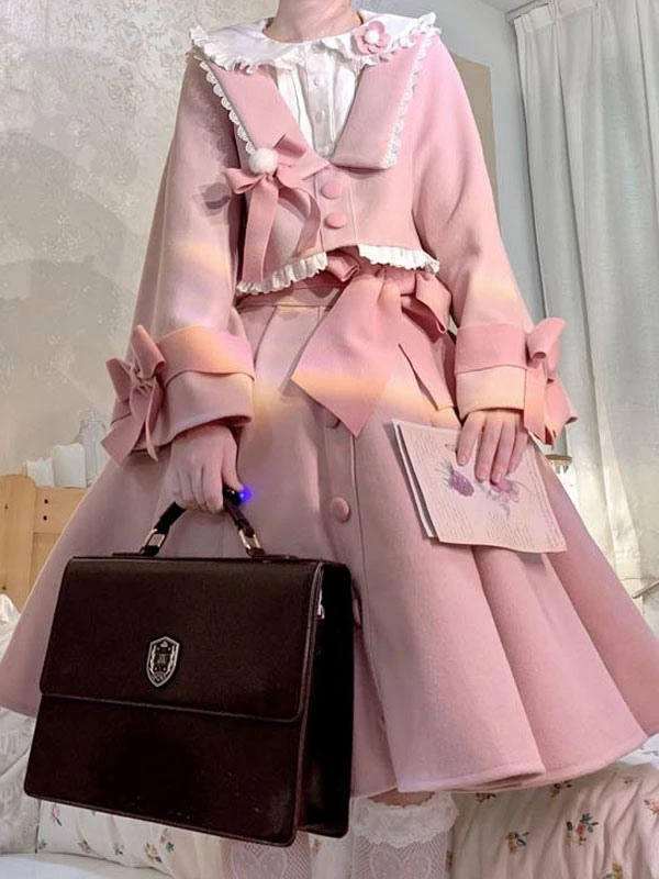 Academic Lolita Outfits Pink Ruffles Long Sleeves Skirt Top - Image 2