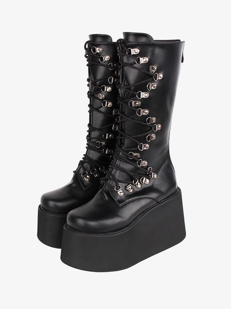 Steampunk Lolita Boots PU Leather Round Toe Black Lolita Footwear - Image 2
