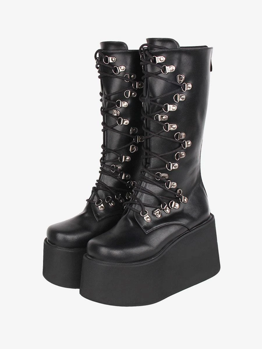 Steampunk Lolita Boots PU Leather Round Toe Black Lolita Footwear
