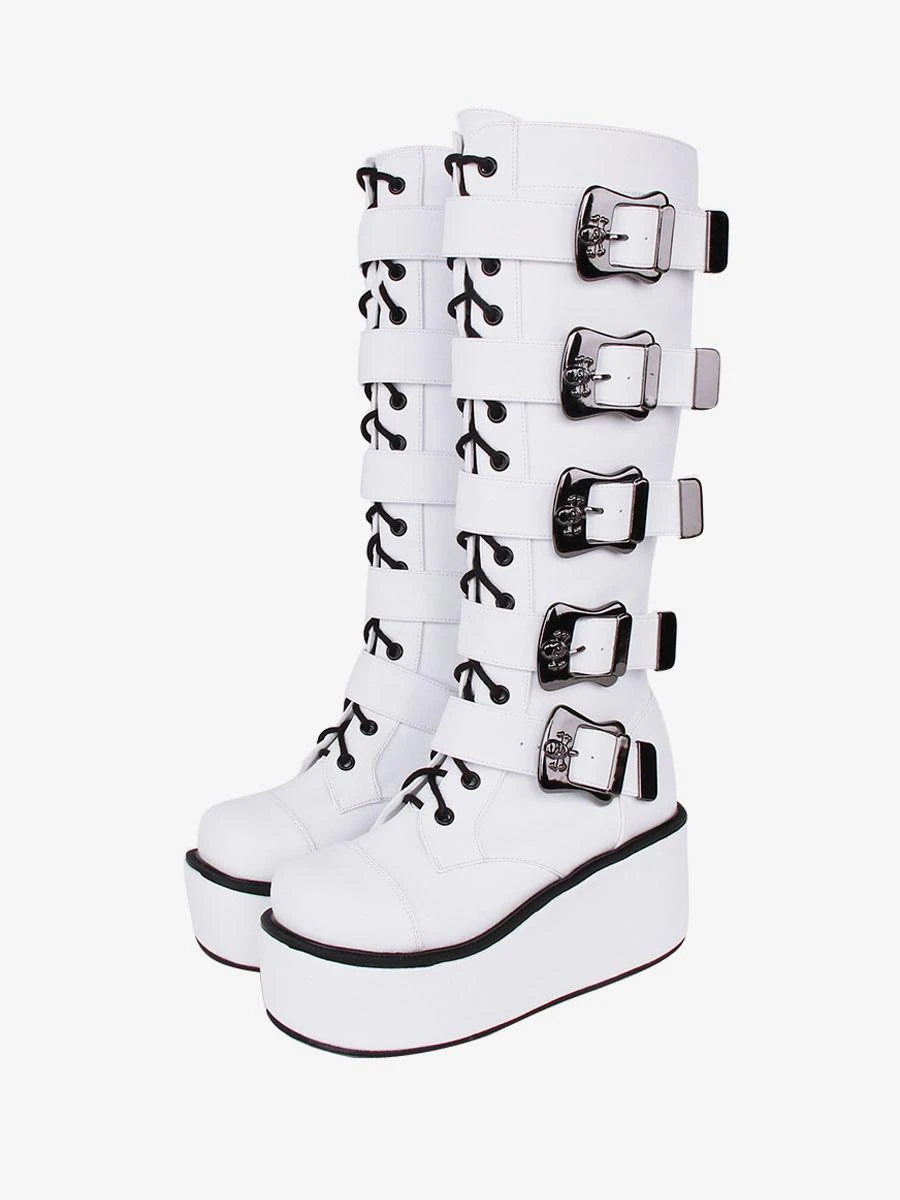 Gothic Lolita Boots PU Leather Two-Tone Grommets Round Toe White Lolita Footwear