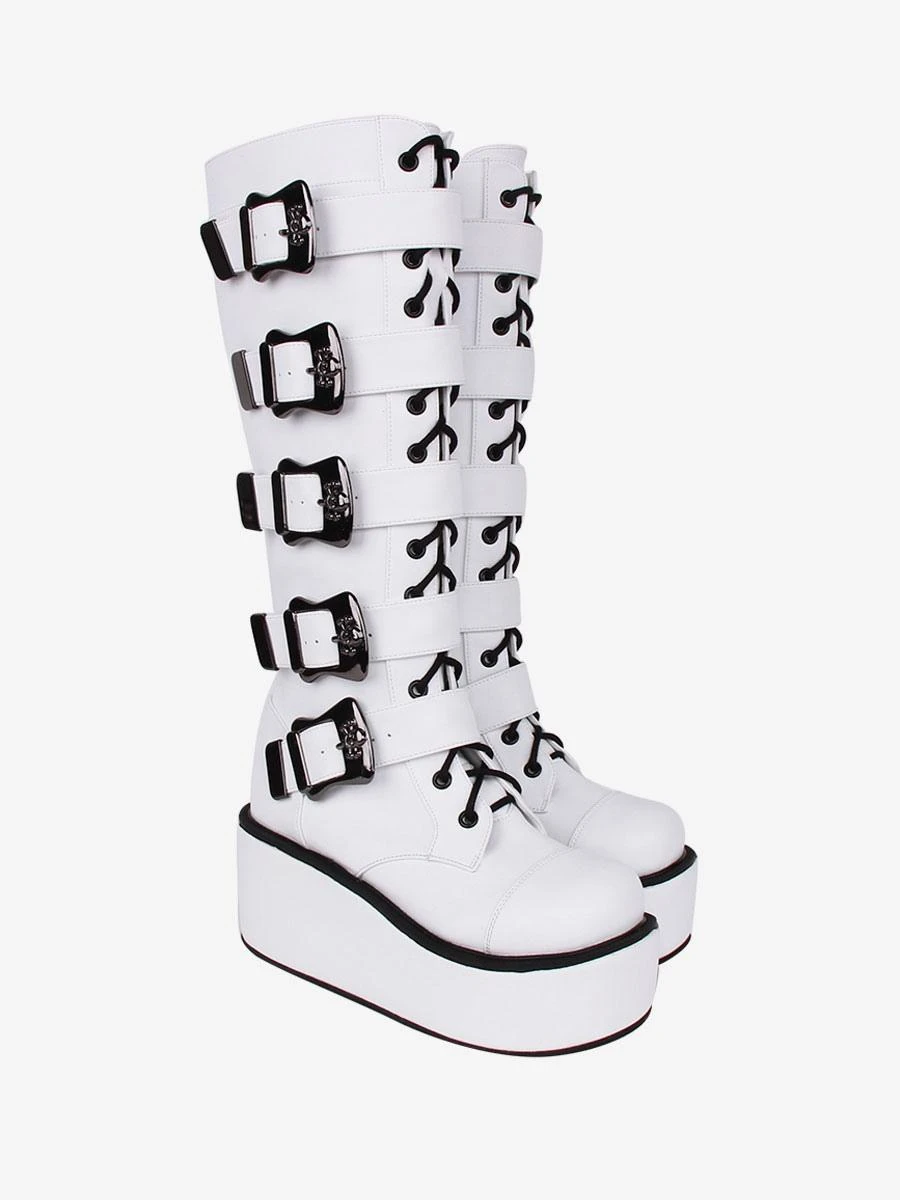 Gothic Lolita Boots PU Leather Two-Tone Grommets Round Toe White Lolita Footwear - Image 2
