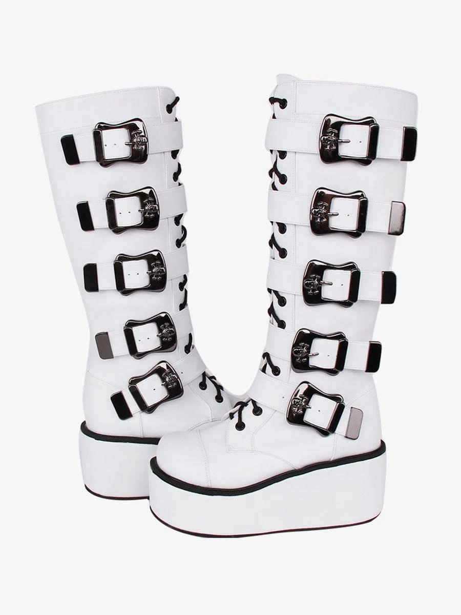 Gothic Lolita Boots PU Leather Two-Tone Grommets Round Toe White Lolita Footwear - Image 5