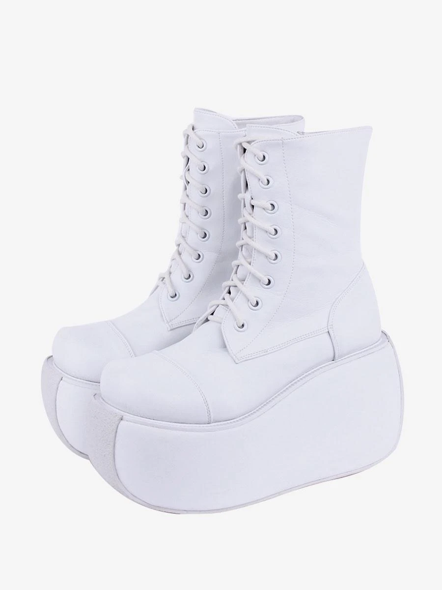 Gothic Lolita Boots White Grommets Two-Tone Round Toe PU Leather Lolita Footwear