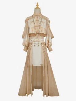 Academic Lolita Outfits Light Brown Floral Print Long Sleeves Top Skirt