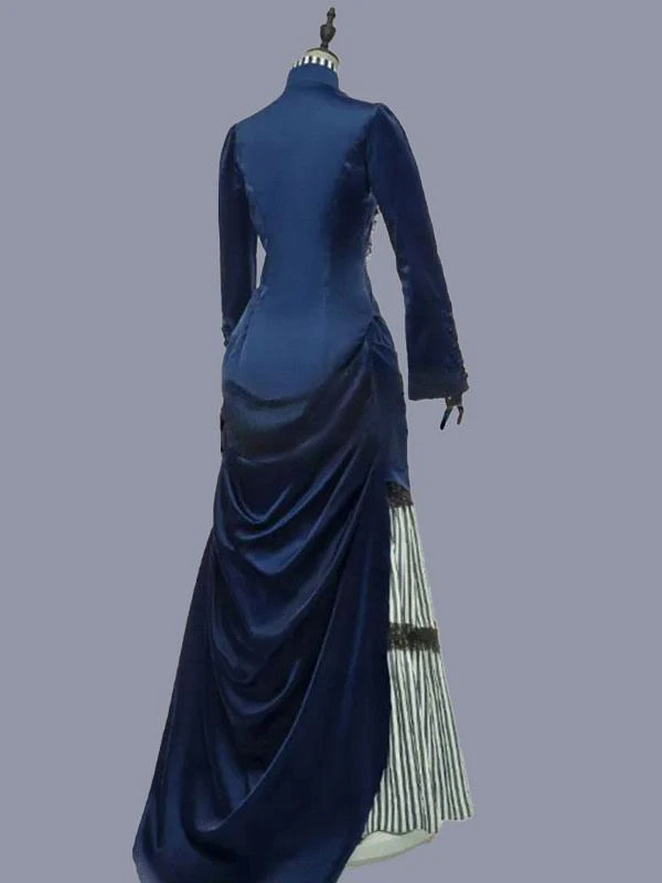 Blue Retro Costumes Women's Stripes Ruffles Polyester Tunic Dress Marie Antoinette Costume Retro Vintage Clothing - Image 4