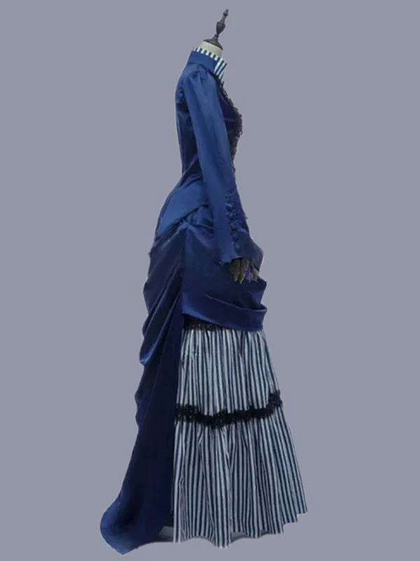 Blue Retro Costumes Women's Stripes Ruffles Polyester Tunic Dress Marie Antoinette Costume Retro Vintage Clothing - Image 3