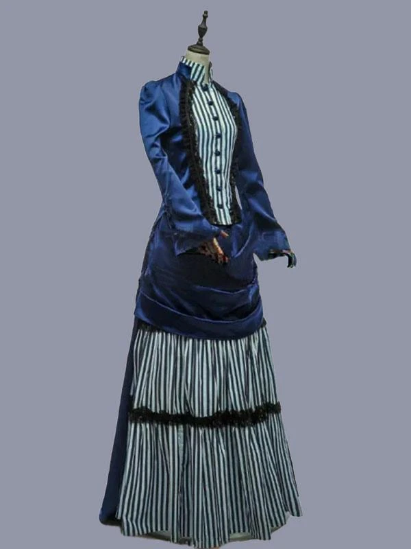 Blue Retro Costumes Women's Stripes Ruffles Polyester Tunic Dress Marie Antoinette Costume Retro Vintage Clothing - Image 2