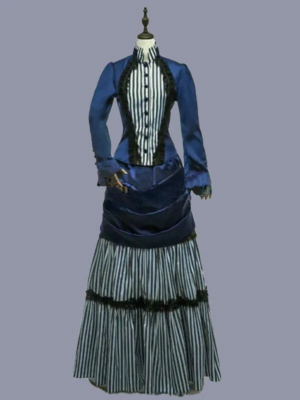 Blue Retro Costumes Women's Stripes Ruffles Polyester Tunic Dress Marie Antoinette Costume Retro Vintage Clothing