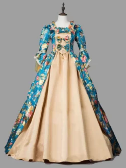 Blue Retro Victorian Dress Costumes Women's Marie Antoinette Costume Floral Print Ruffles Lace Polyester Tunic 1800s Dress