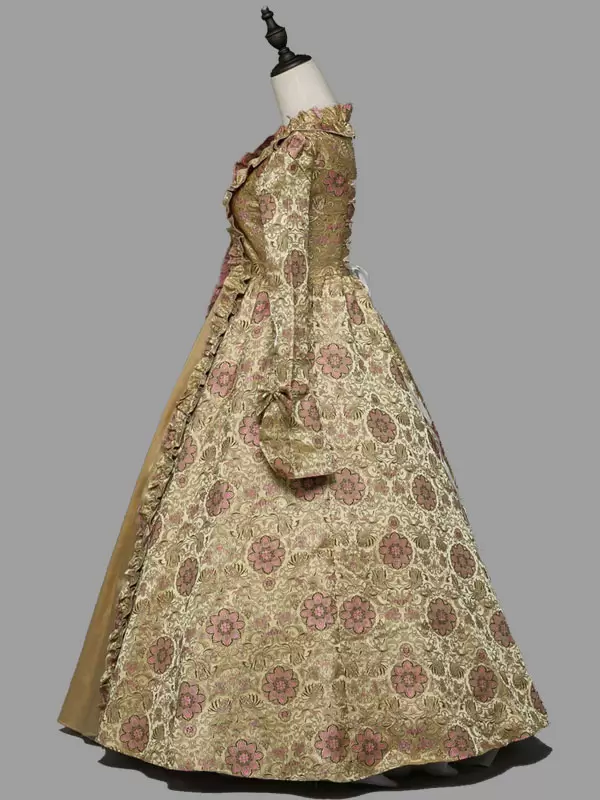 Light Brown Victorian Dress Retro Costumes Women's Floral Print Ruffles Bows Marie Antoinette Polyester Tunic 1800s Dress - Image 4