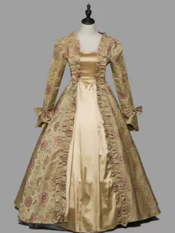 Light Brown Victorian Dress Retro Costumes Women's Floral Print Ruffles Bows Marie Antoinette Polyester Tunic 1800s Dress