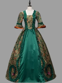 Green Vitorian Dress Costumes Ruffles Polyester Floral Print Marie Antoinette 1800s Dress