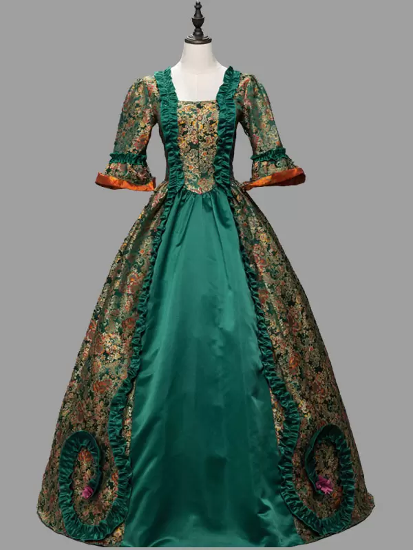 Green Vitorian Dress Costumes Ruffles Polyester Floral Print Marie Antoinette 1800s Dress