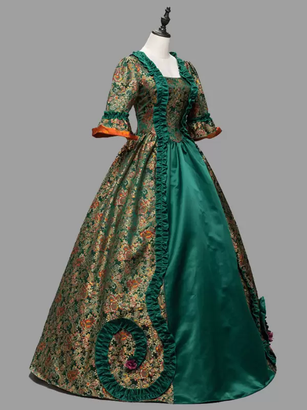 Green Vitorian Dress Costumes Ruffles Polyester Floral Print Marie Antoinette 1800s Dress - Image 2