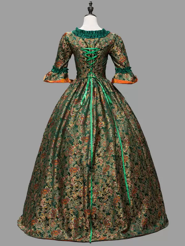 Green Vitorian Dress Costumes Ruffles Polyester Floral Print Marie Antoinette 1800s Dress - Image 3