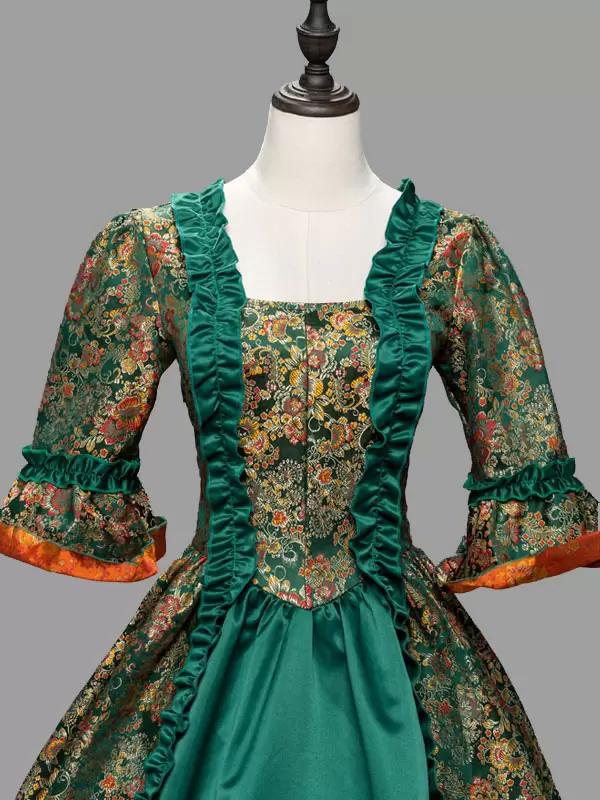 Green Vitorian Dress Costumes Ruffles Polyester Floral Print Marie Antoinette 1800s Dress - Image 4