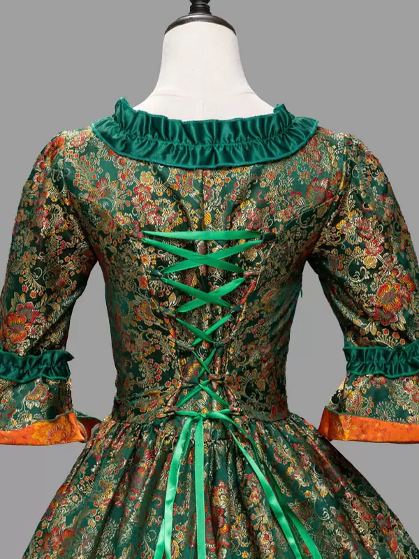 Green Vitorian Dress Costumes Ruffles Polyester Floral Print Marie Antoinette 1800s Dress - Image 5