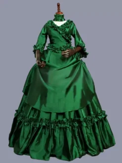 Green Retro Costumes Women's Marie Antoinette Costume Floral Print Ruffles Polyester Tunic Dress Retro Masquerade Ball Gown