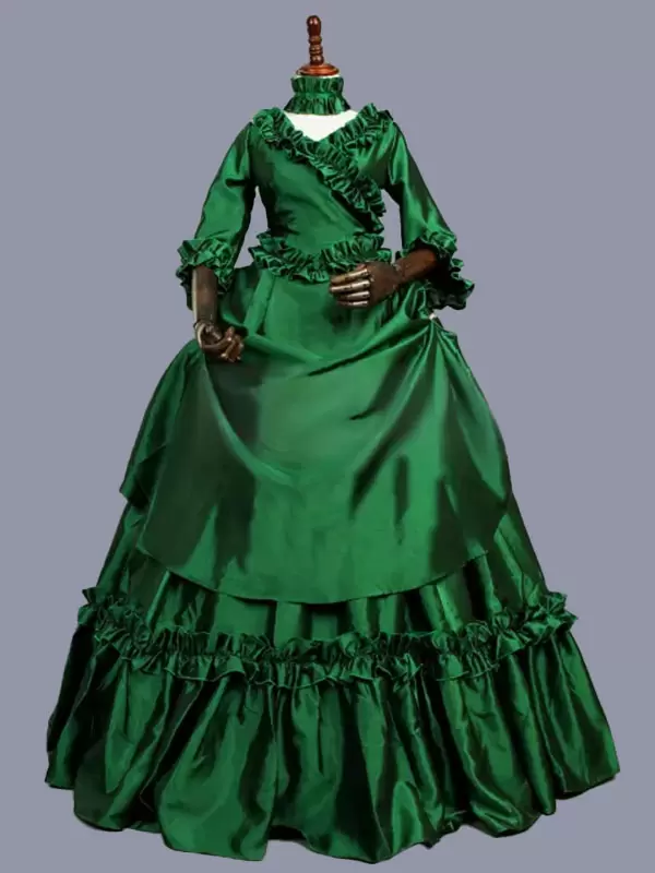 Green Retro Costumes Women's Marie Antoinette Costume Floral Print Ruffles Polyester Tunic Dress Retro Masquerade Ball Gown