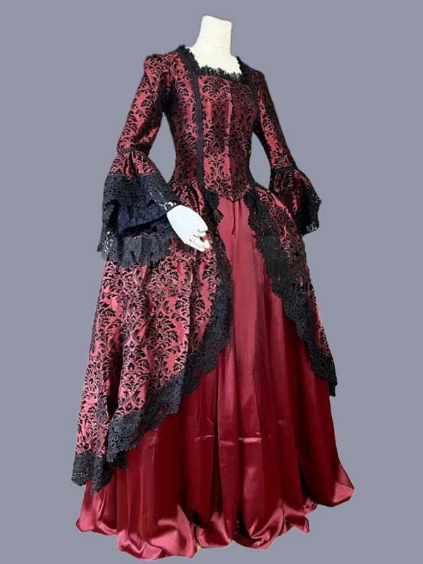 Red Retro Costumes Ruffles Polyester Marie Antoinette Costume Floral Print Dress Women's Retro Tunic Party Prom Dress - Image 2