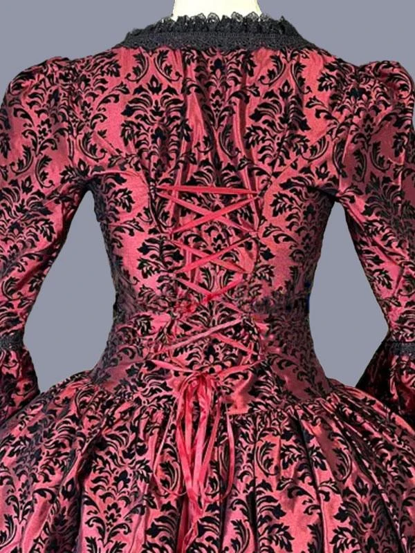 Red Retro Costumes Ruffles Polyester Marie Antoinette Costume Floral Print Dress Women's Retro Tunic Party Prom Dress - Image 4